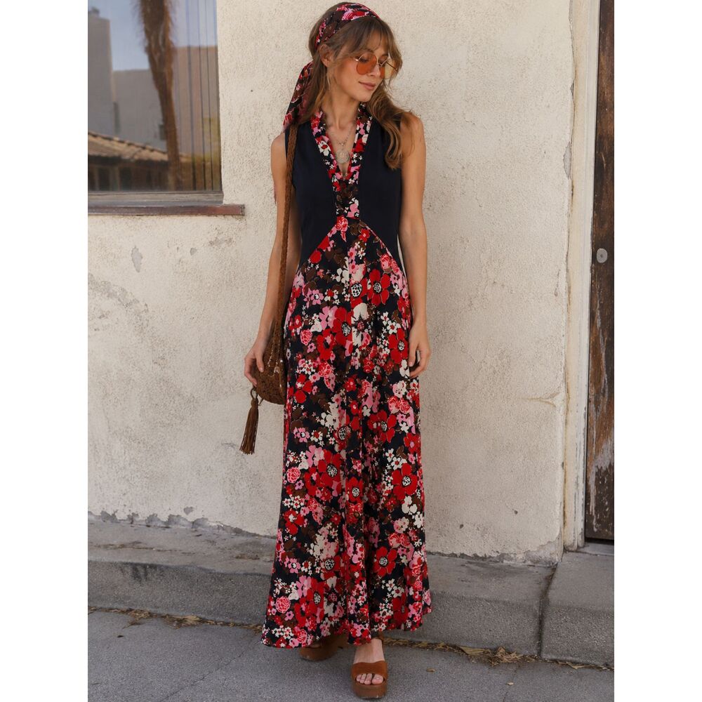 Vintage 70s Floral Maxi Dress Small Retro Boho Hippie Mod Empire Waist